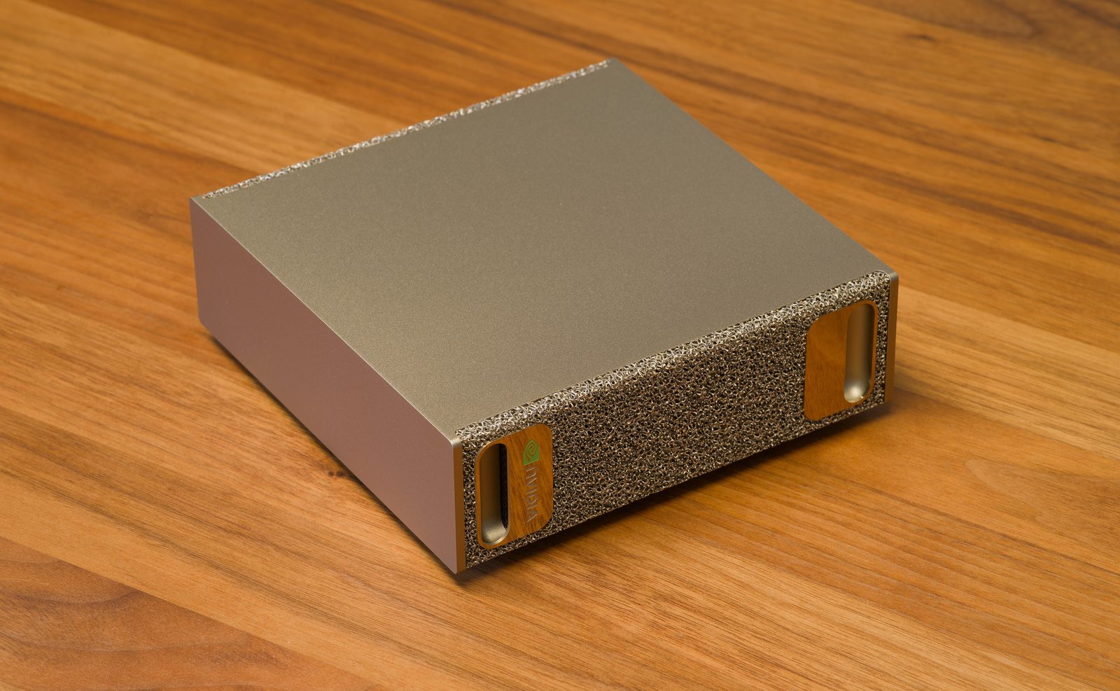 Oblique view of an NVIDIA DGX Spark desktop AI computer.